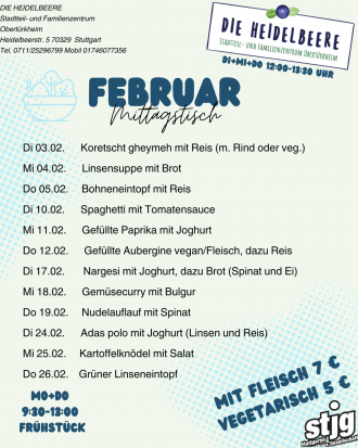 Die aktuelle Speisekarte des SFZ Heidelbeere für den laufenden Monat