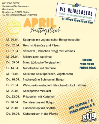 Die aktuelle Speisekarte des SFZ Heidelbeere für den laufenden Monat