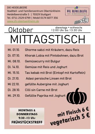 Die aktuelle Speisekarte des SFZ Heidelbeere für den laufenden Monat